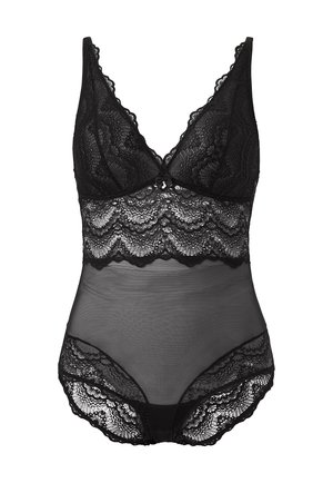 Zwarte kanten bodysuit met doorschijnende meshpanelen, verfijnde kantafwerking, golvende randen en een centrale strikaccent.