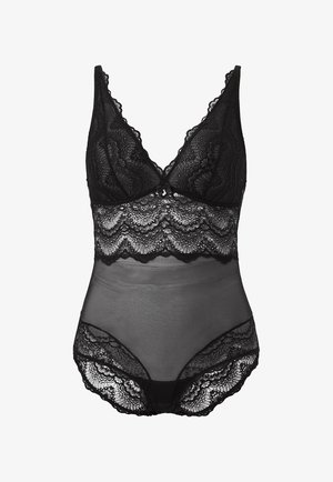 Sort blonde bodystocking med gennemsigtige meshpaneler, intrikate blondedetaljer, bølgede kanter og en central sløjfe.