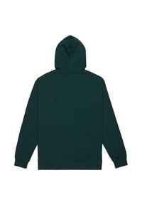 Bluza z kapturem w ciemnozielonym kolorze, z długimi rękawami, ribbowanym dołem oraz gładkim tyłem z małą kwadratową metką blisko dekoltu.