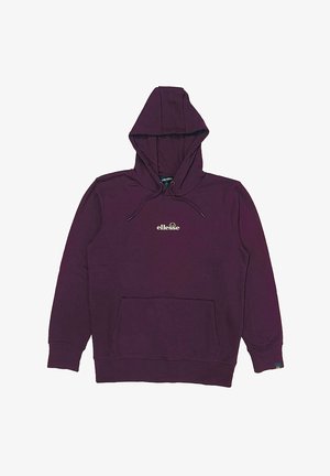 Purple hooded sweatshirt made of cotton blend, featuring a front pocket, drawstring hood, and a small silver logo on the chest.