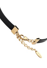 Zwarte leren band met gouden kettingverlengstuk en musketonhaak, met een klein ovaal hangtag gegraveerd met "XP TTM."