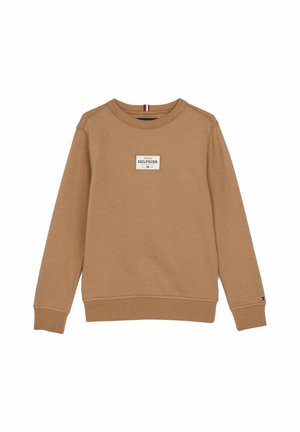 Felpa marrone in misto cotone, con colletto rotondo, polsini e orlo a coste, e un piccolo logo ricamato sul petto.