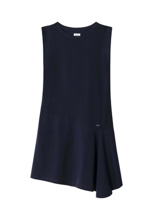 Vestido sin mangas azul marino, hecho de algodón, con un dobladillo curvado y un diseño de panel lateral. Incluye un pequeño detalle de logo.