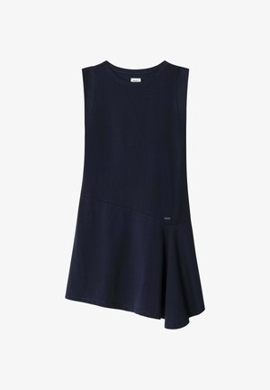 Nachtblaue ärmellose Baumwollkleid mit geschwungenem Saum und seitlichem Einsatzdesign. Enthält ein kleines Logo-Detail.