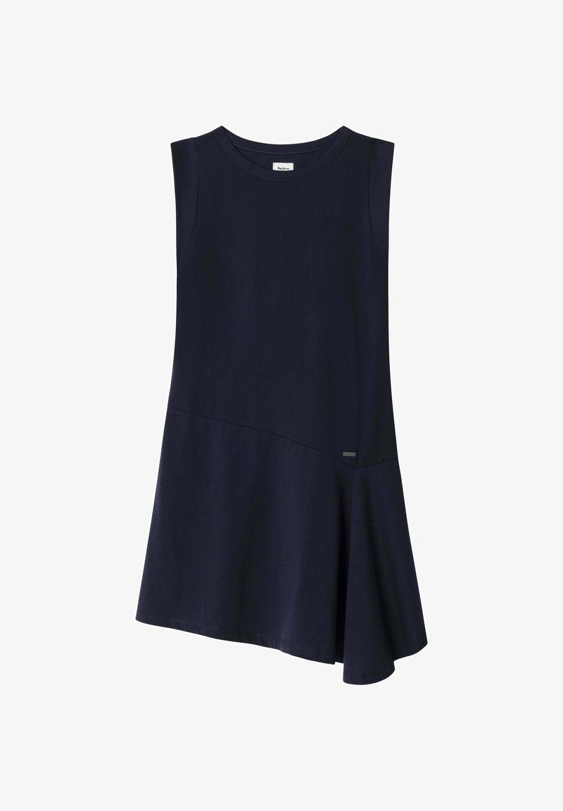 Temno modra brezrokavna obleka iz bombaža, z ukrivljenim robom in stranskim panelom. Vključuje majhen logotip kot okras.