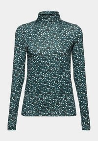 Maglia a maniche lunghe con collo alto in teal, con un motivo floreale in bianco, nero e azzurro; texture liscia e design aderente.
