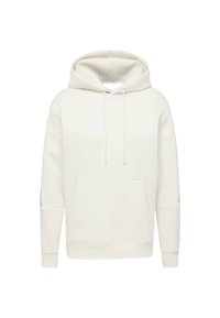 Hoodie bianco realizzato in morbido tessuto, con tasca frontale, cappuccio con cordino e polsini a coste. Design semplice e pulito senza motivi.