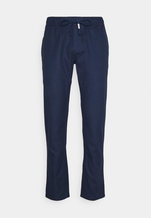 Marineblaue Freizeithose mit elastischem Bund und verstellbarem Kordelzug, geraden Beinen, keine sichtbaren Taschen oder Verzierungen.