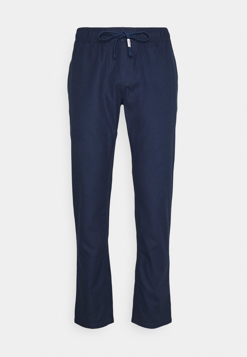 Pantalon casual bleu marine avec taille élastique et cordon ajustable, jambes droites, sans poches visibles ni ornements.