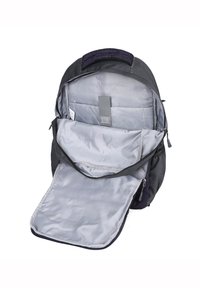 Zaino in tessuto nero con interno grigio, dotato di un compartimento principale con zip e una sezione imbottita per laptop o tablet.