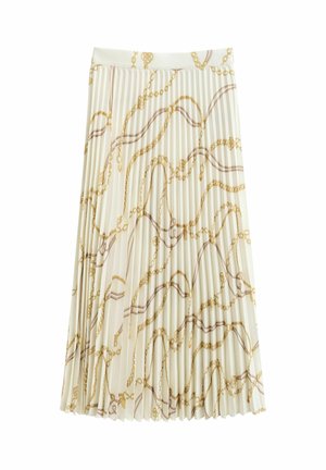 Ivoorkleurige geplooide midi-rok met een goud-bruine kettingprint, voorzien van een aangesloten tailleband en een vloeiende silhouet.