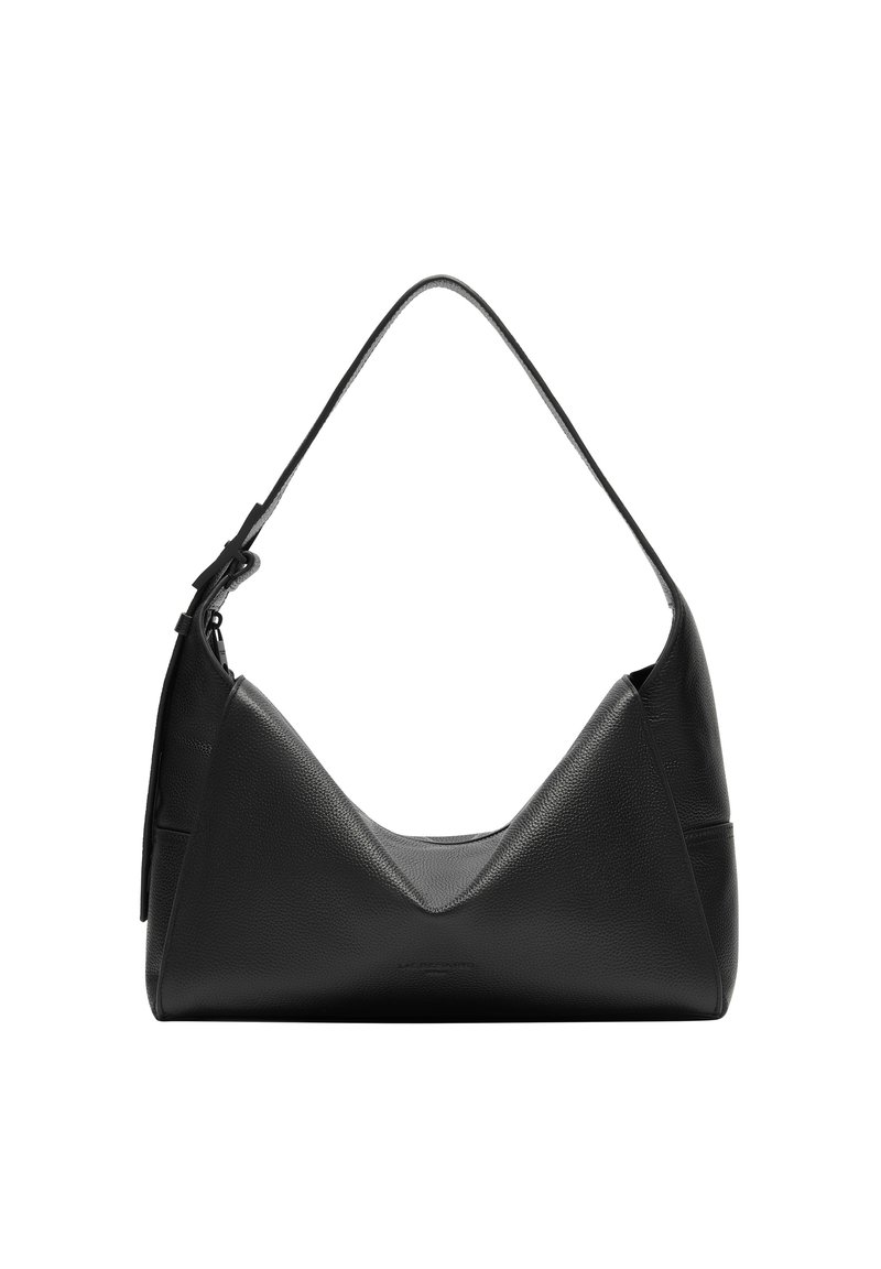 Sac à épaule en cuir noir avec un design en V, surface texturée, une seule poignée et un style minimaliste. Pas de matériel ou d'accents visibles.