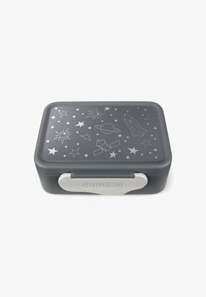 Gray lunchbox with a textured surface featuring silver space-themed designs, including stars, planets, and rockets. White clasp with branding.