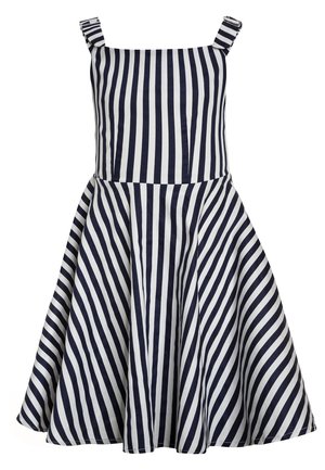 Robe sans manches avec des rayures verticales bleu marine et blanches sur le corsage et des rayures diagonales sur la jupe évasée.