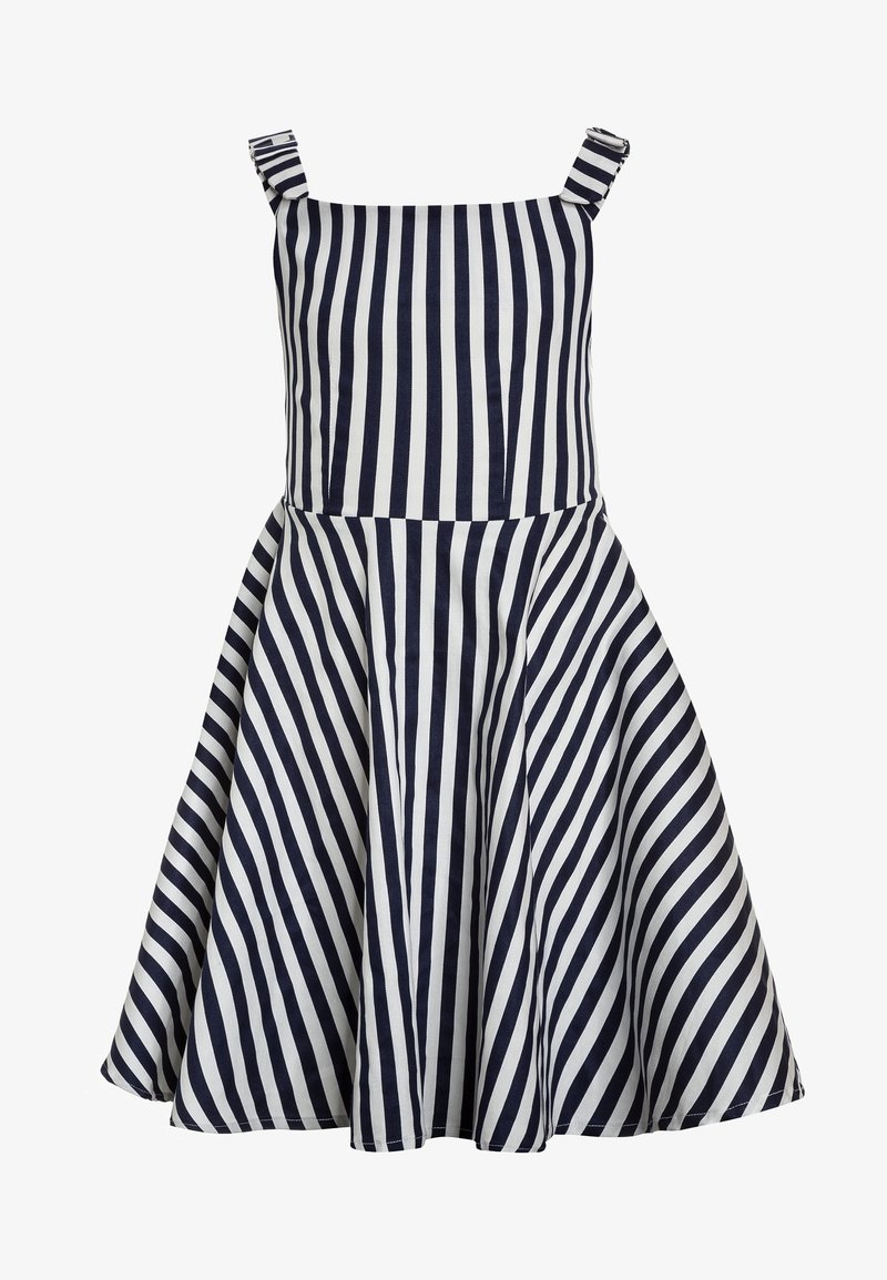 Robe sans manches avec des rayures verticales bleu marine et blanches sur le corsage et des rayures diagonales sur la jupe évasée.