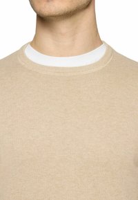 Beige Strickpullover mit Rundhalsausschnitt. Der Stoff wirkt weich und strukturiert und weist ein dezentes Muster auf, unter dem eine schichtige weiße Innenshirt hervorschaut.