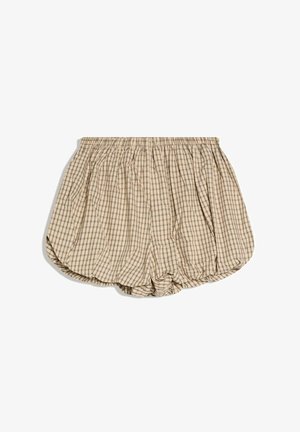 Pantaloni scurți cu talie elastică bej și neagră în carouri, cu țesătură adunată și voluminoasă, siluetă rotunjită, asemănătoare unui balon, pe fundal alb.