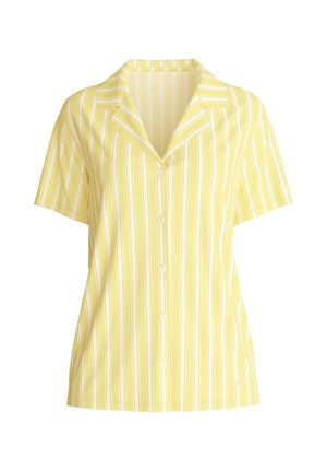 Gelbe kurzärmelige Bluse mit Knöpfen, weißen vertikalen Streifen und einem gekerbten Kragen.
