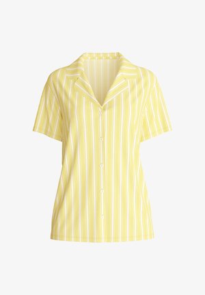 Yellow short-sleeve button-up blouse with white vertical stripes and a notched collar.