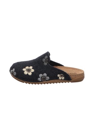 Dunkelgrauer Schlupfschuh mit gestickten weißen und grauen Blumen und einer braunen Gummisohle, seitlich betrachtet.