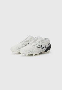 White soccer cleats with a textured upper, mesh design, and black accents featuring a logo. Studded outsole for traction.