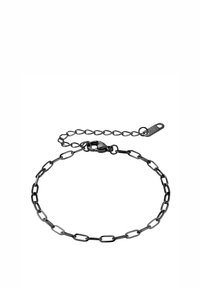 Bracciale in metallo nero realizzato con maglie allungate, dotato di chiusura a fermaglio e catena di estensione regolabile per una maggiore flessibilità nelle misure.