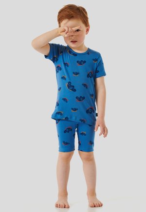 Blue short-sleeve t-shirt and shorts set featuring a playful vehicle pattern in darker blue and orange accent colors. Soft fabric texture.