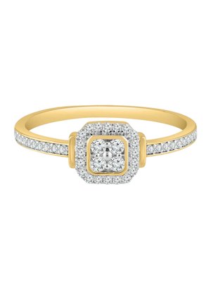 Bague en or avec un groupe carré de petits diamants ronds au centre, entouré d'un halo de diamants et d'accents de diamants le long du bandeau.