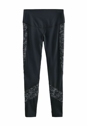 Leggings atletice negre cu panouri gri texturate pe lateral. Talie înaltă și design elegant. Material neted și elastic.
