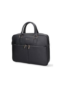 Borsa per laptop nera realizzata in materiale sintetico testurizzato, con due tasche frontali con zip, manici doppi e finiture in metallo argentato.