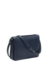 Borsa a tracolla in pelle blu navy con chiusura lampo, forma rettangolare, spallaccio singolo regolabile e dettagli di cucitura discreti.
