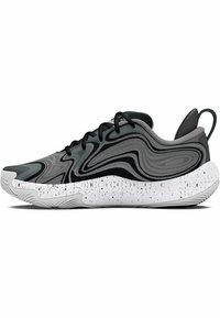 Sportieve schoenen met een draaiend grijs en zwart patroon, een gestructureerde bovenkant, zwarte veters en een wit gespikkelde zool.