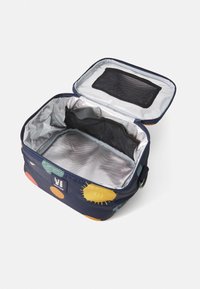 Navy insulated lunch bag with colorful circular patterns, zipper closure, mesh pocket, and silver interior lining.