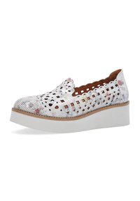 Perforated white slip-on shoe with colorful floral accents, rounded toe, and a white platform sole. Scalloped edge details enhance design.
