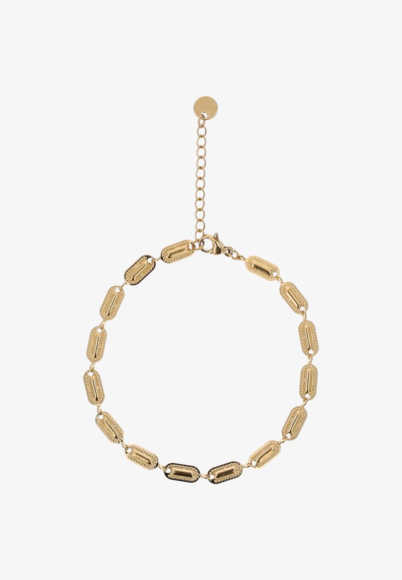 Brățară în tonuri aurii, cu plăci dreptunghiulare texturate legate între ele și o închizătoare cu lanț reglabil.