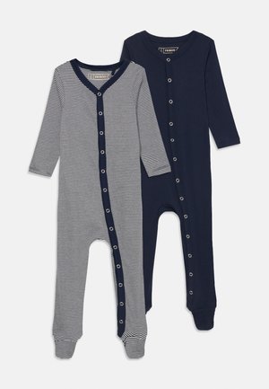 Divi garām piedurknēm mazuļu bodiji ar spiedpogu aizdari; viens tumši zils un otrs tumši zils ar baltām svītrām.