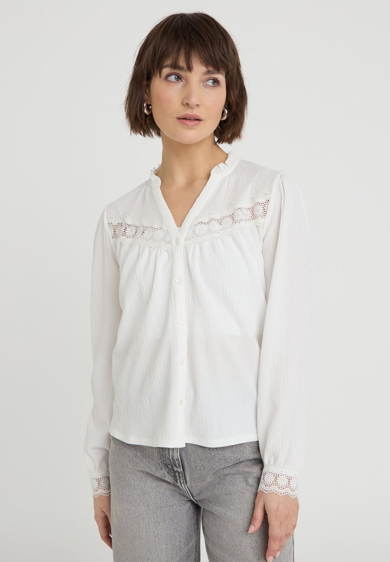 Blusa blanca de manga larga con cuello de volantes, detalle de encaje bordado en el pecho y puños con estampado. Tejido texturizado.