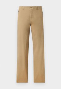 Beige cotton chinos featuring a straight leg design, button closure, and two side pockets. Smooth texture with subtle stitching details.