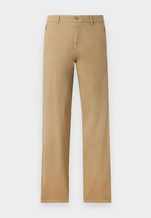 Beige bomulds chinos med lige ben, knaplukning og to sidelommer. Glat tekstur med subtile syninger.