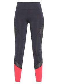 Leggings de sport noirs avec des panneaux roses, taille haute et design élégant. Fabriqués en matériau extensible avec une texture lisse.