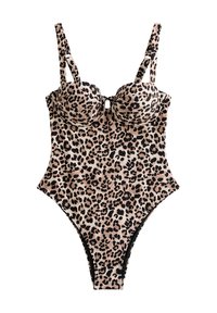 Leopard print one-piece swimsuit with padded cups, adjustable straps, and a low-cut back. Features a smooth texture and high-cut legs.