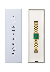 Orologio rettangolare in tono oro con quadrante verde, design a bracciale collegate, esposto in una scatola bianca con la scritta "ROSEFIELD" stampata sul lato.