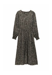 Schwarzes Midikleid mit langen puffärmel, unregelmäßigem weißen Punktmuster, elastischem Bund und rundem Ausschnitt mit Knopfdetail.