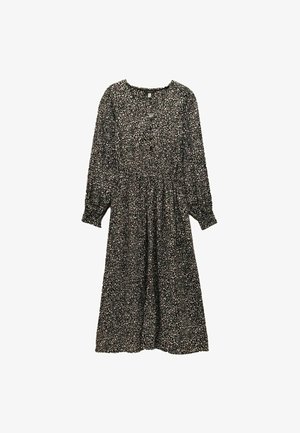 Zwarte midi-jurk met lange opbollende mouwen en een onregelmatig stippenpatroon in het wit, elastische taille en ronde halslijn met knoopdetails.