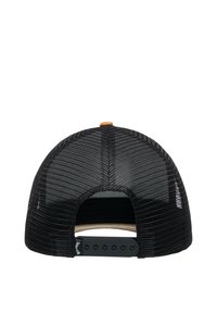 Fekete hálós sapka kerek koronával és lapos karimával. A tetején barna bőrpálca található, és állítható műanyag snapback záródása van.