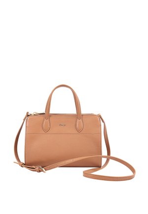 Tan leather handbag with dual handles and a removable shoulder strap. Features a zip closure and a textured surface. Compact rectangular shape.