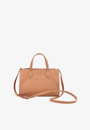 Tan leather handbag with dual handles and a removable shoulder strap. Features a zip closure and a textured surface. Compact rectangular shape.