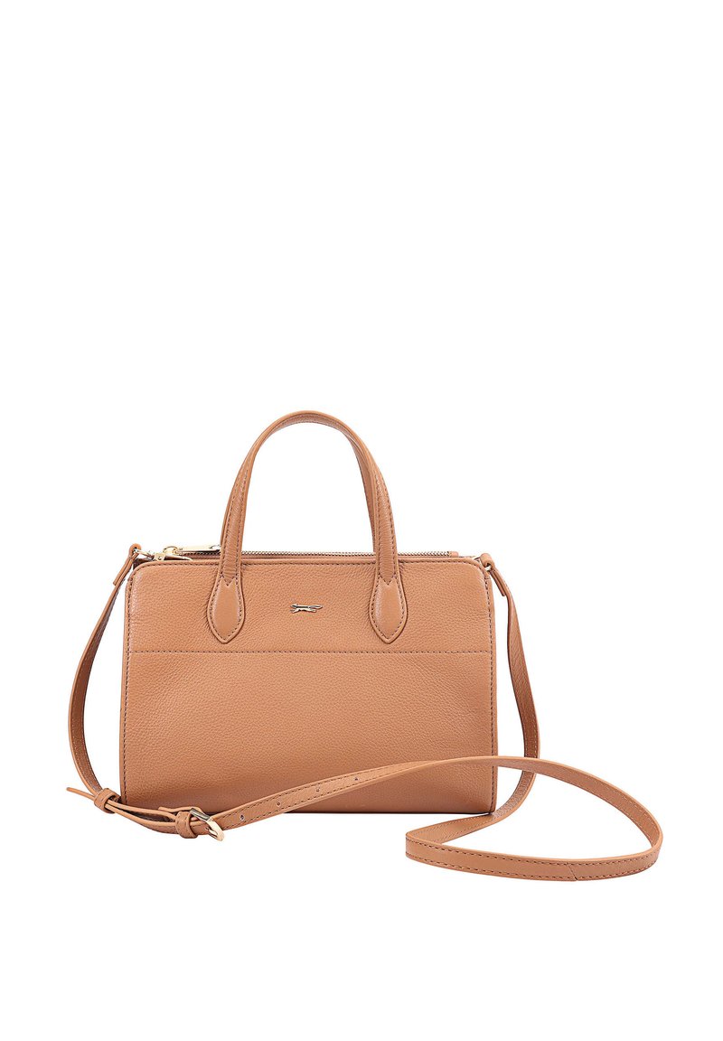 Tan leren handtas met dubbele handvatten en een afneembare schouderriem. Voorzien van een ritsluiting en een gestructureerd oppervlak. Compact rechthoekige vorm.