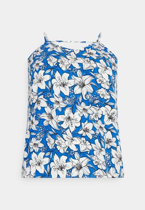 Top de alças finas em padrão floral azul, com flores brancas e detalhes verdes, feito de um tecido leve.