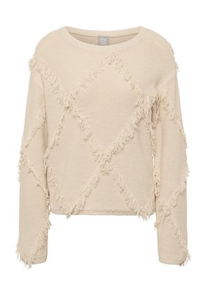 Beige sweater with a crew neckline, featuring a textured knit and fringed diamond pattern across the front and sleeves.